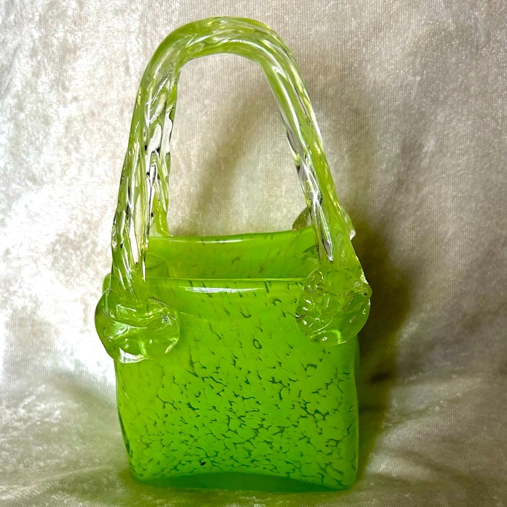Vintage Hand Blown Murano Green Bubble Glass Purse Small Basket Very Cute💚